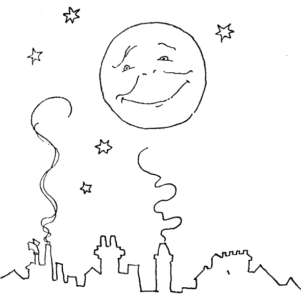 Moon and Stars Looking Over Sleeping City Coloring Page « Bed Time